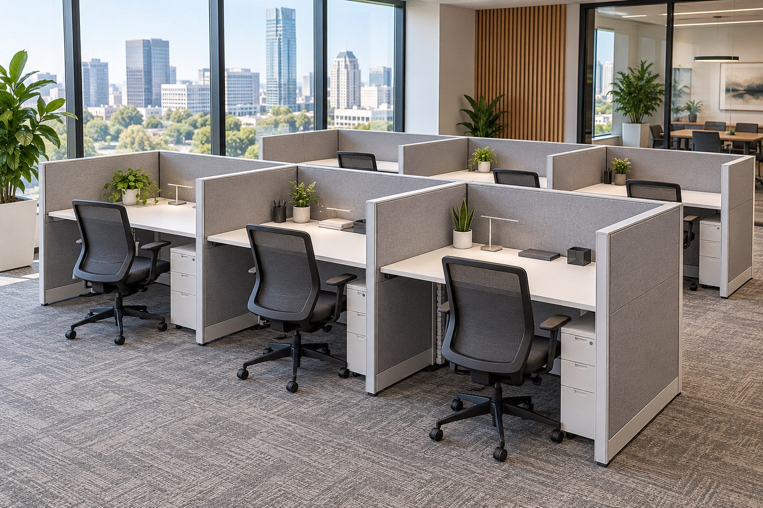 AI reference image of assembled office cubicle workstations
