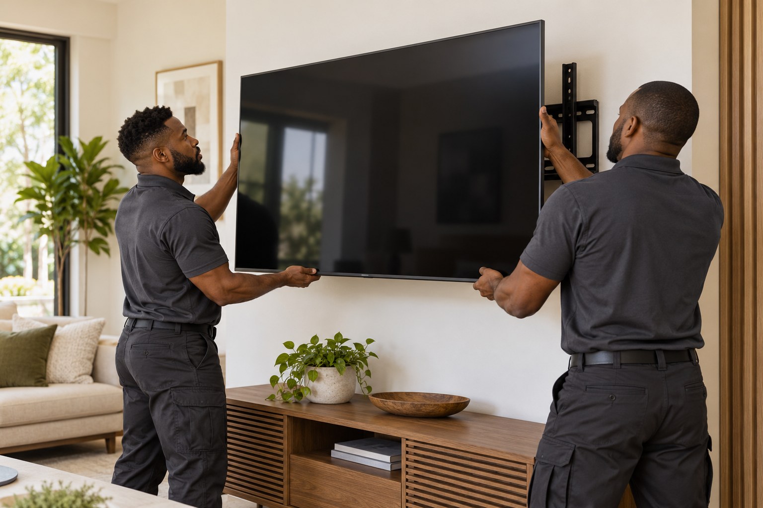 AI reference image of Black installers wall mounting a television